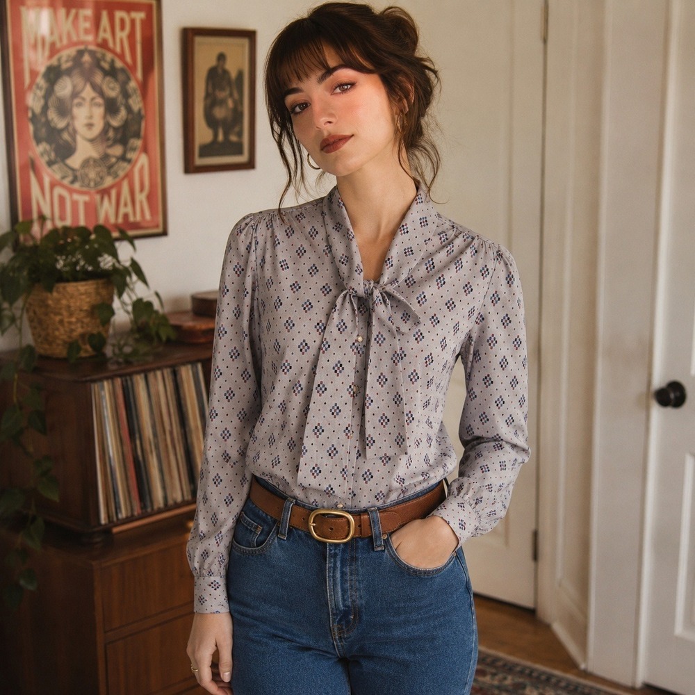 Vintage Haberdashery Secretary Tie Blouse Geometric Print Career Women's 8 Gray